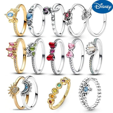 Disney Classic Shiny Princess Crown Ring Red Bow Heart-Shaped Ring Suitable For Wedding Party Female Original Jewelry DIY Gift