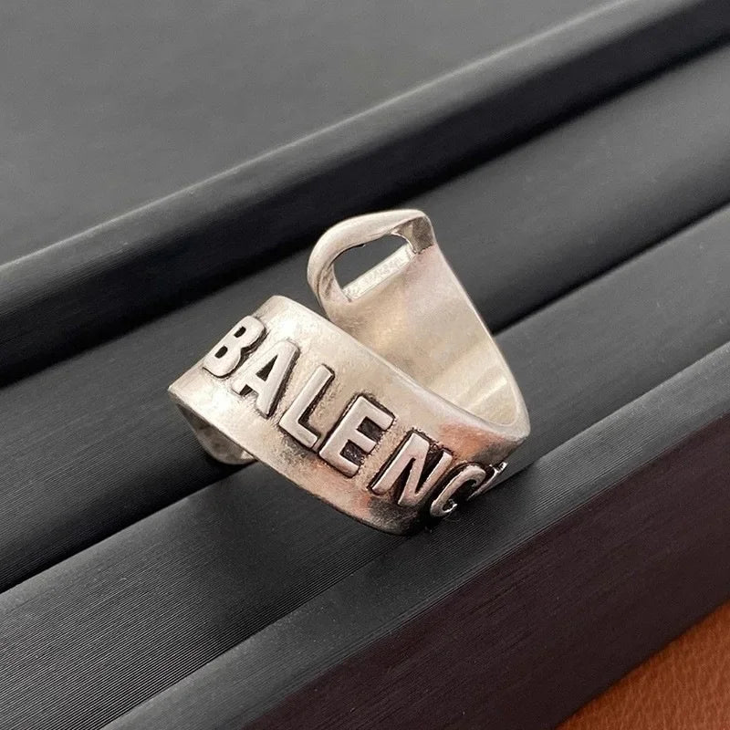 Silver Plated Spiral Letter Ring for Women Retro Fashion Personality Hip Hop S925 Open Finger Ring Trendy Index Finger Ring