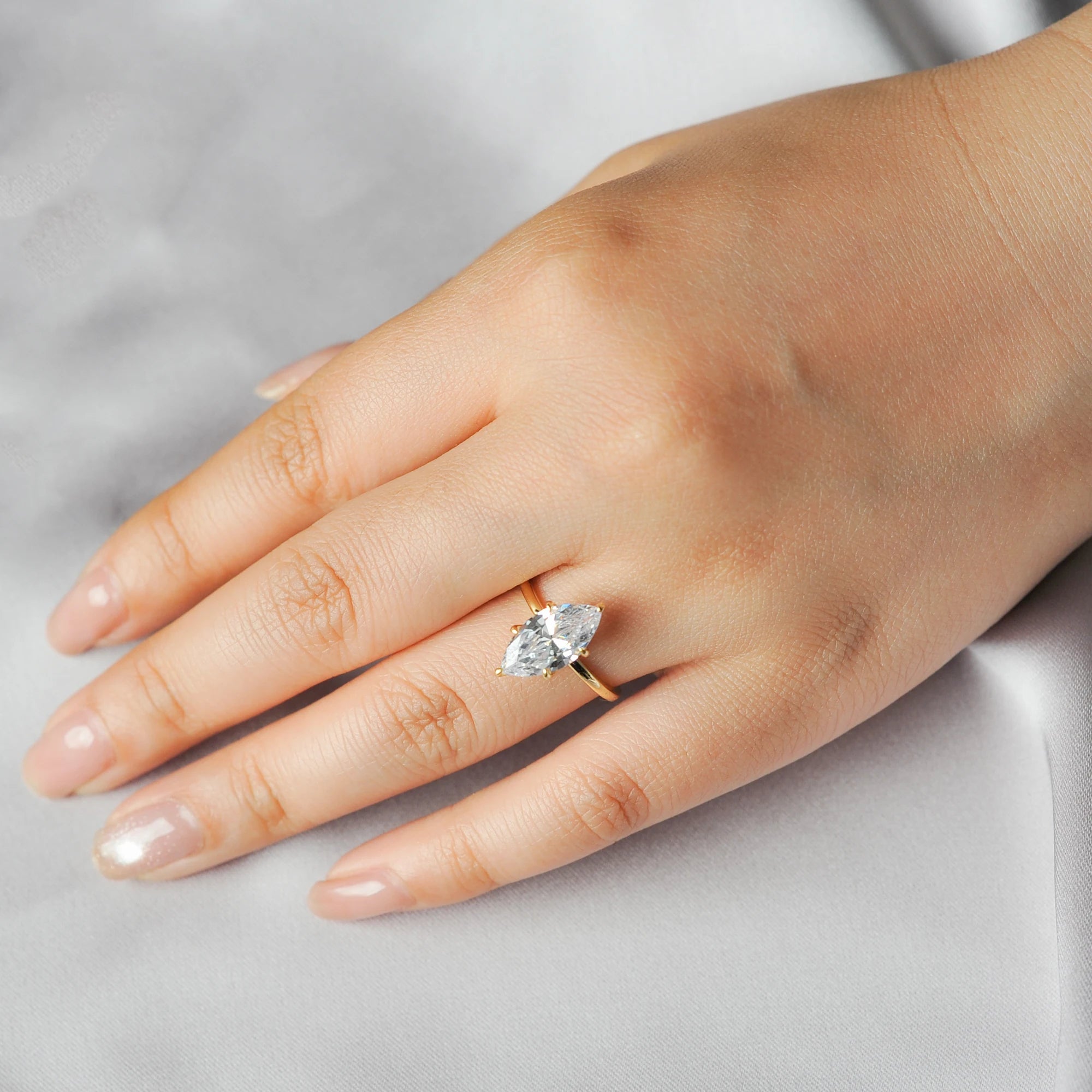 Potiy Vintage 9ct 5A Marquise Shape Cubic Zirconia Solitaire Engagement Ring For Women 925 Sterling Silver 14K Yellow Gold