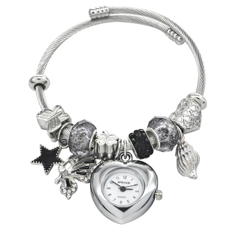 Fashion jewelry Women's Bracelet Watch Love with stylish decor refined round quartz watch silvery casual elegance gifts