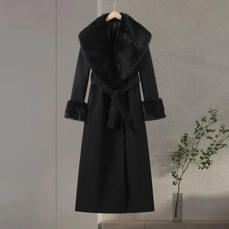 Luxurious Women's Overcoat Faux Full Sleeve Double Breasted Belt Lace Up Female Black Coats 2025 Autumn Winter Chic Lady Outwear