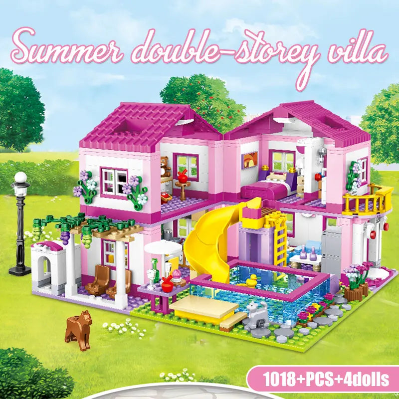 ZKZC 1018pcs City 1 Change 3 Summer Double-storey Villa House Building Blocks Friends Garden Flower Figures Bricks Toys Girls