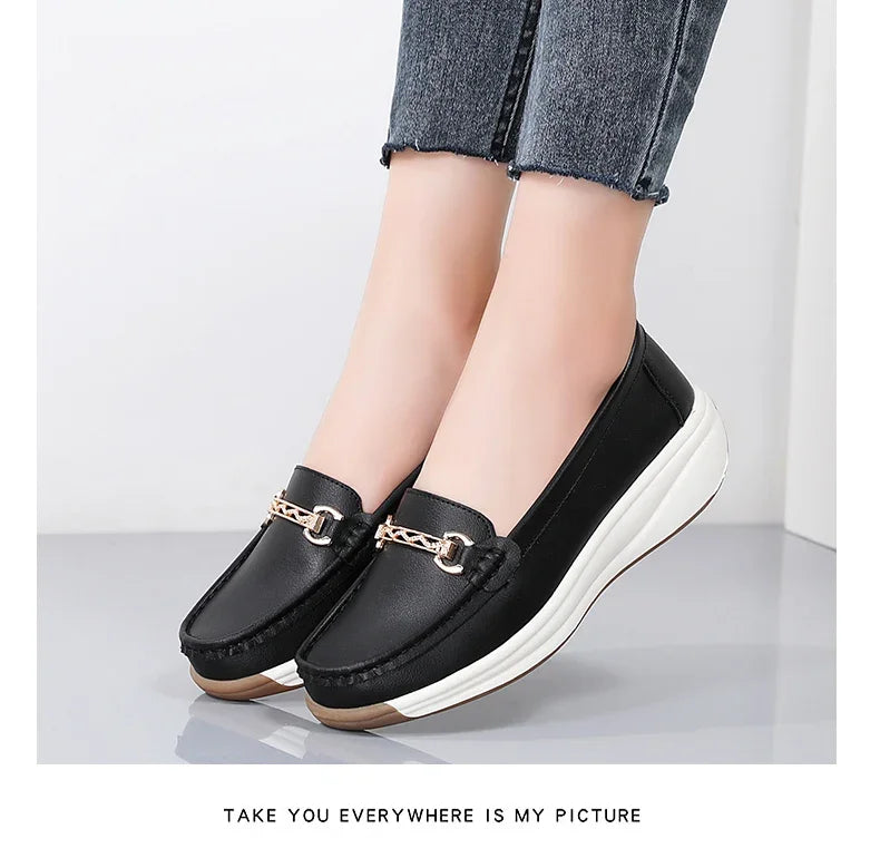 Women’s Leather Platform Loafers – Slip-On Casual Flats