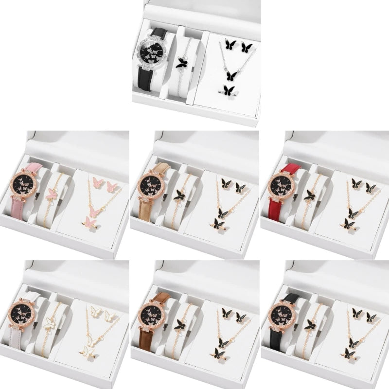 Elegant Butterfly Jewelry Set Women Watch Crystal Watches Fashion Rings Necklace Earring Bracelet Perfect for Daily Wear