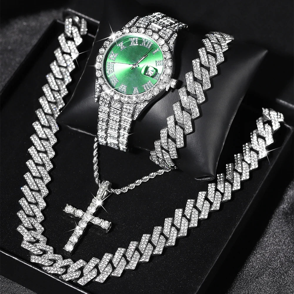 Quartz Watch Set Gift Box Cuban Necklace Bracelet Cross Classic Full Diamond Watch Shining Luxury Gift giving Festival Chain Hip