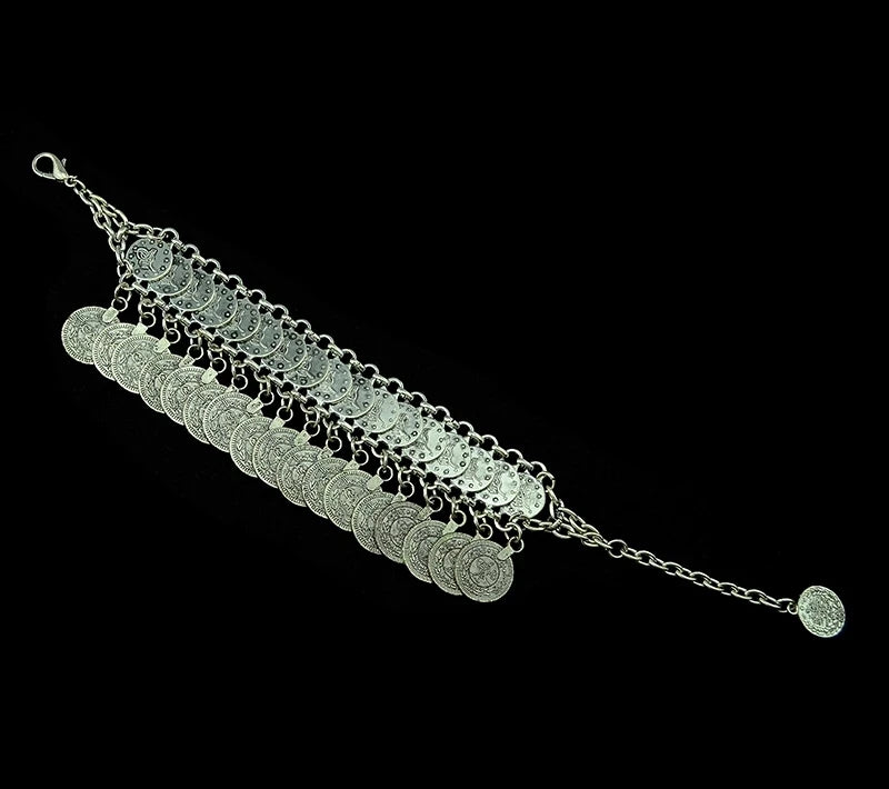 Gypsy Bohemian Coin Bracelets for Women Metal Vintage Flower Statement Bracelets Festival Turkish Beach Jewelry Tribal Ethnic