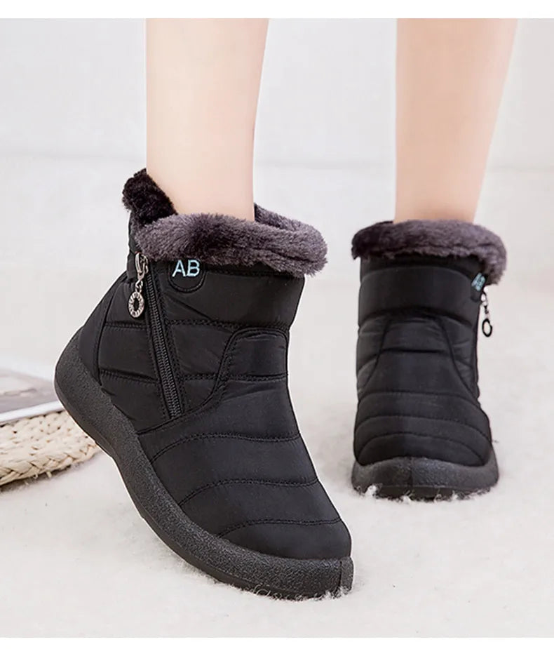Women’s Waterproof Winter Ankle Boots – Fur-Lined Low Heels