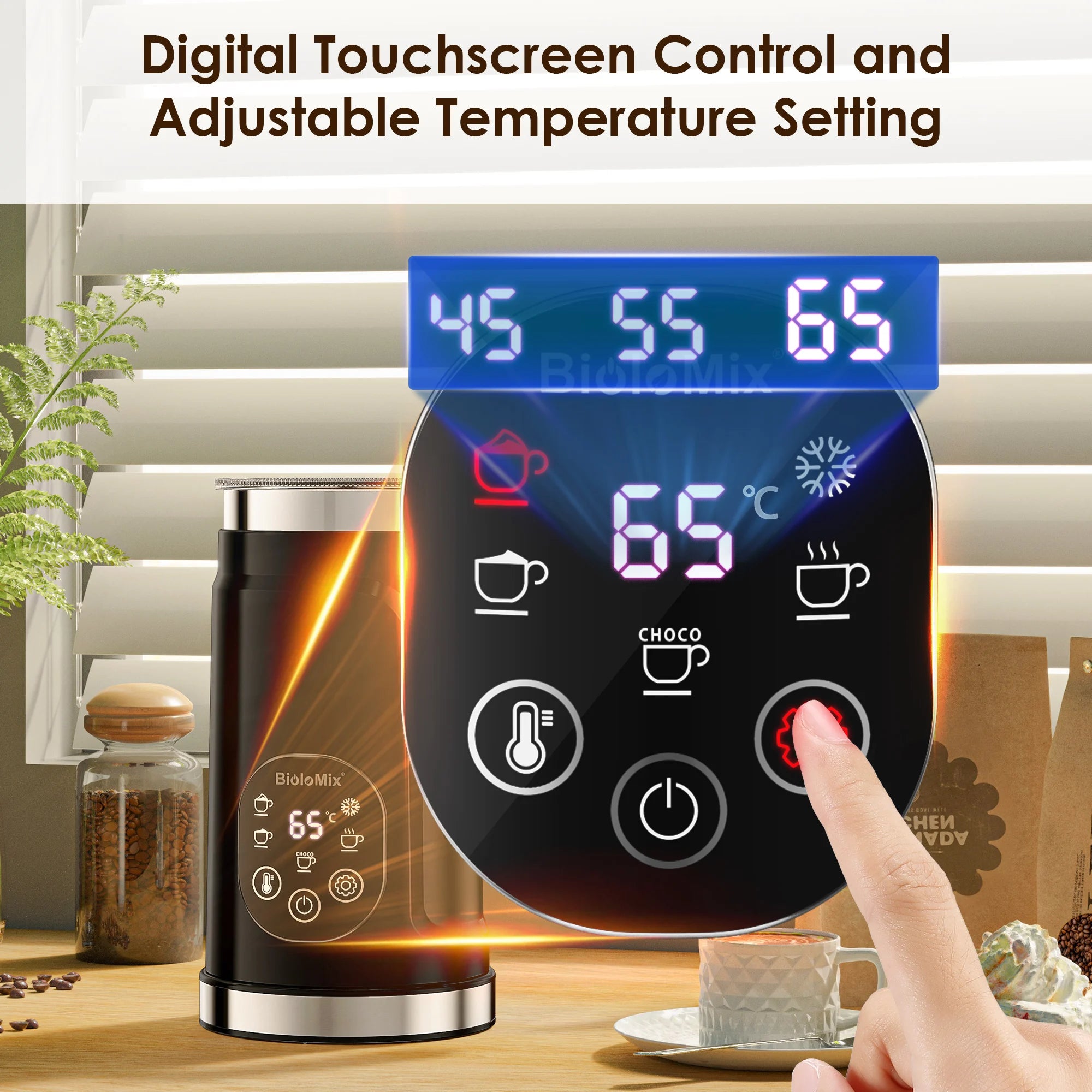 BioloMix 5-in-1 Smart Milk Frother w/LED Touch Display, Style Foam for Coffee & Lattes,Hot And Cold Foam Maker