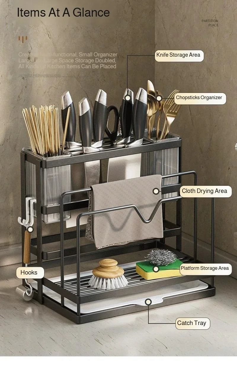 Kitchen Countertop Organizer with Drainage Tray -Integrated Rack for Cutting Boards, Knives, Rags, Chopsticks, Pot Lids, Durable