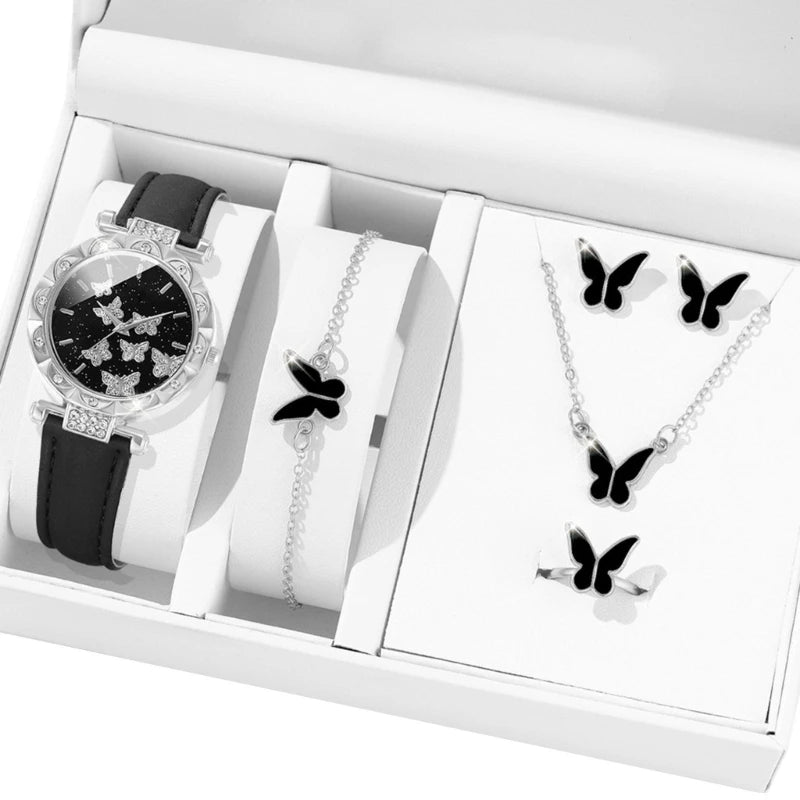 Elegant Butterfly Jewelry Set Women Watch Crystal Watches Fashion Rings Necklace Earring Bracelet Perfect for Daily Wear