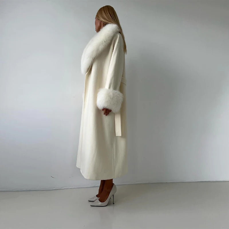 Luxurious Women's Overcoat Faux Full Sleeve Double Breasted Belt Lace Up Female Black Coats 2025 Autumn Winter Chic Lady Outwear