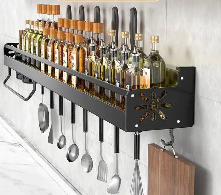 Stainless Steel Kitchen Wall Rack with Hooks & Shelf