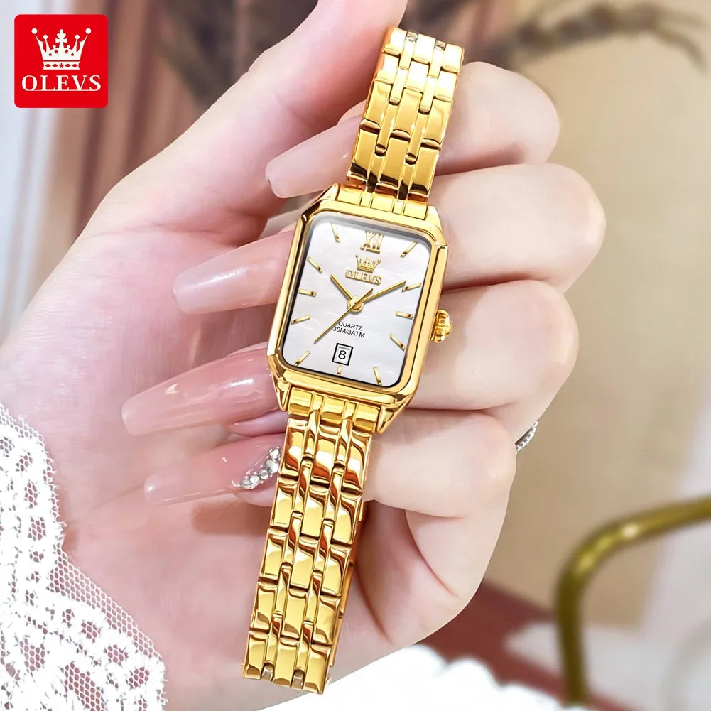 OLEVS Quartz Women's Watches Stainless Steel Square Small Gold Watch for Women Waterproof Auto Date Elegant Ladies Wristwatches