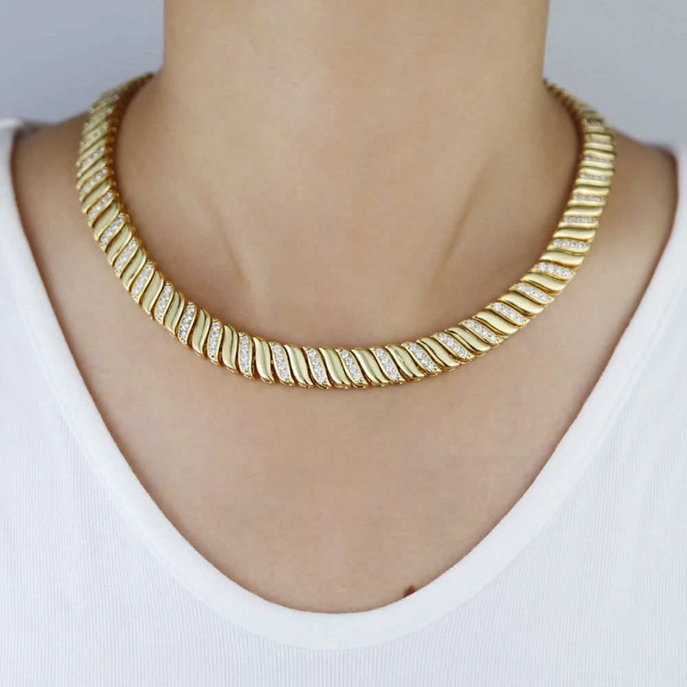 2025 New Gold Color Herringbone Snake Chain Bracelet Necklace 10mm CZ Stones Choker Hop Hip Rapper Fashion Women Jewelry Set