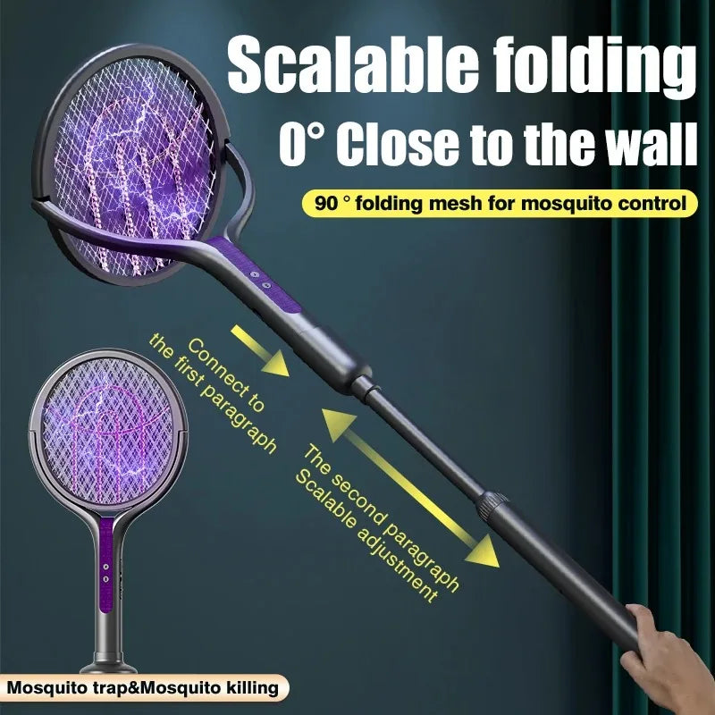 Intelligent Rechargeable Mosquito Swatter 2800V Electric Racket Extension Handle 5-Layer Protection
