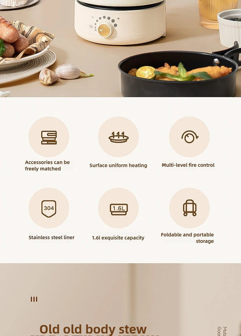 Electric Cooker 110V/220V Cooking Pot Foldable Hotpot 1.6L Portable Multi cookers Split Type Rice Cooker Frying Pan Home Travel