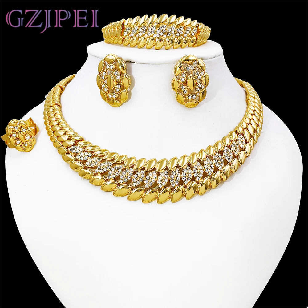 High Quality Dubai Gold Plated Jewelry Set For Women Luxury Design Spike Necklace Earrings Bracelet Ring For Weeding Party Gift