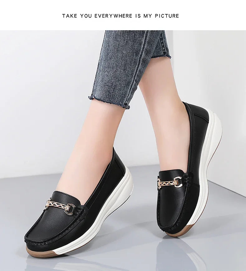 Women’s Leather Platform Loafers – Slip-On Casual Flats