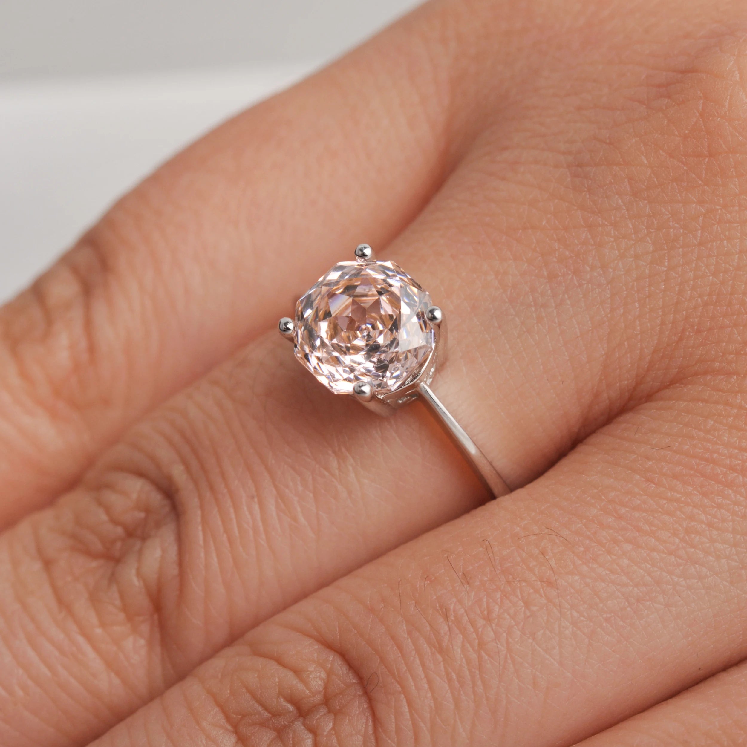 Potiy 2ct Octagon Rose Cut Morganite Pink Cubic Zirconia Solitaire Ring, 925 Sterling Silver Jewelry Gift for Women with