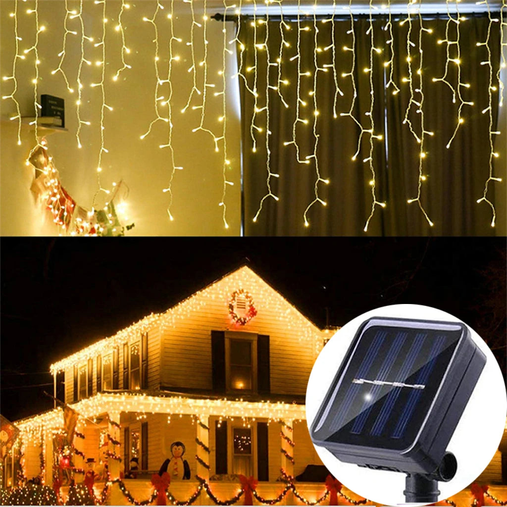 Solar Curtain Icicle Light 3.5M Eaves Decor Outdoor Fairy String Lights Wedding Party Christmas Stair Decor Garden Garlands