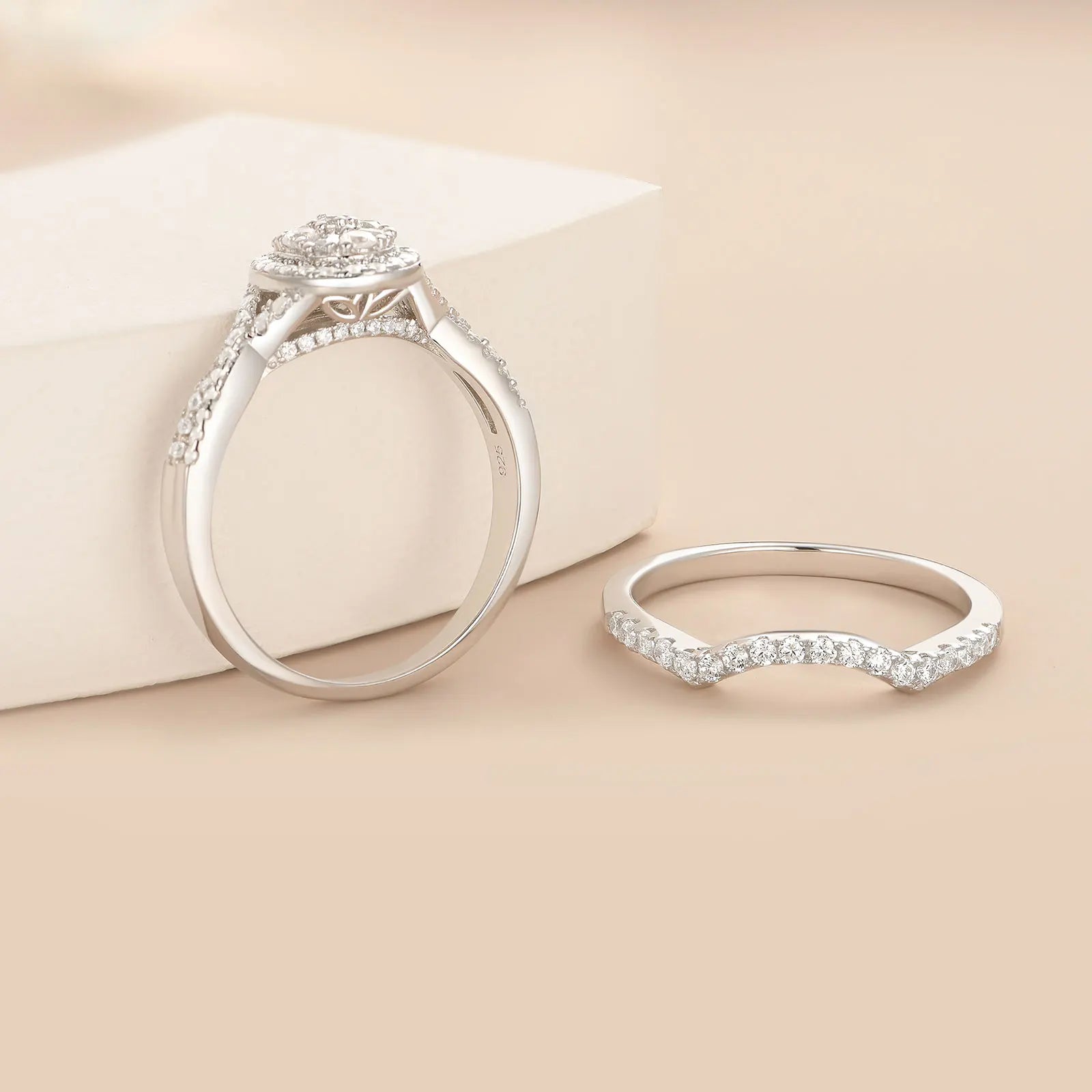 Newshe 925 Sterling Silver Wedding Rings Set for Women Oval Halo Cubic Zircon Bridal Engagement Ring Jewelry Gift