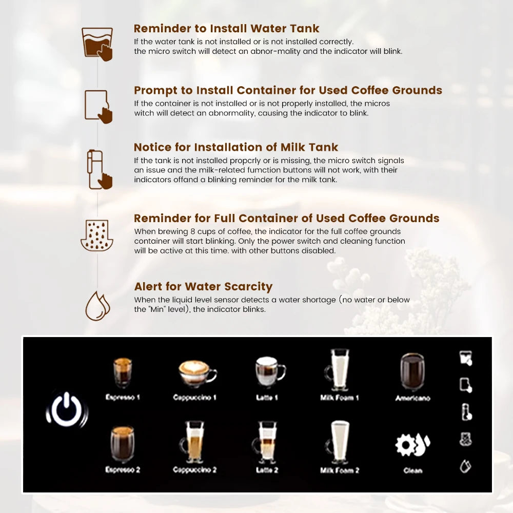 Mcilpoog CM7203 Automatic Espresso Machine ，Built-In Milk Frother & Tank, 7 Coffee Varieties, Touchscreen