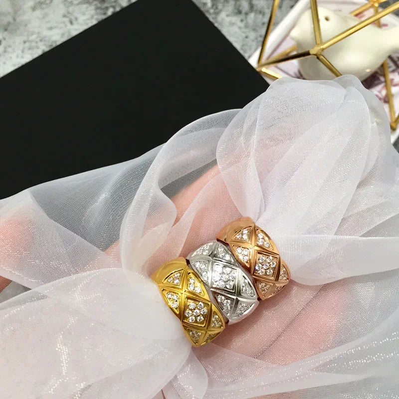 Fashionable Diamond Embedded Heavy Work Polished Wide Version Rhombus Pattern Ring Couple Jewelry Cross-Border Accessories