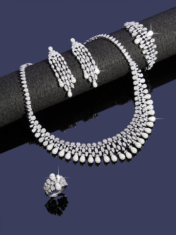 2025 New 4-piece Cubic Zirconia With Pealr Tassel African Blue Bridal Jewelry Set Dubai Necklace Set Women's Wedding Party