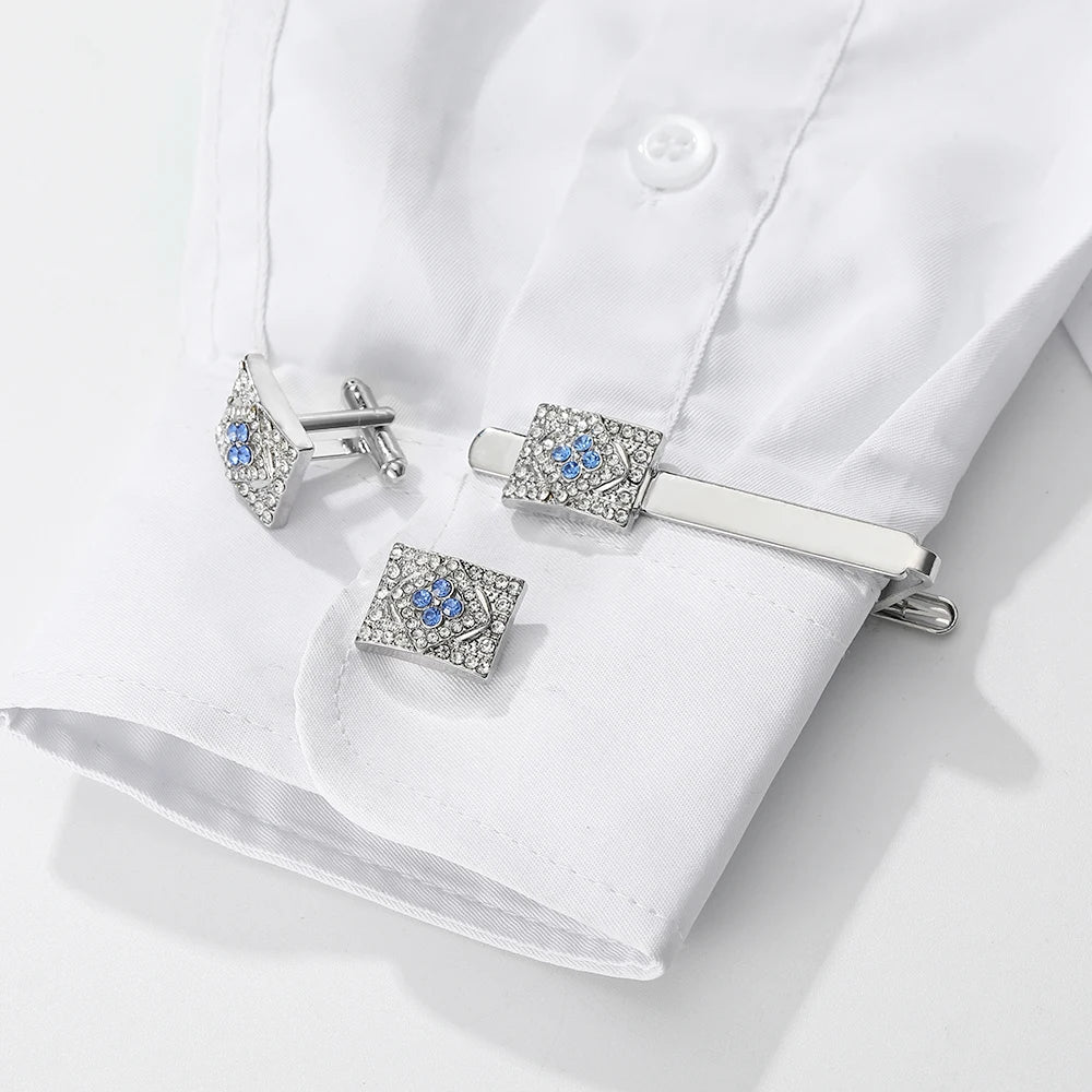 Luxury Crystal Cufflinks & Tie Clip Set – Blue