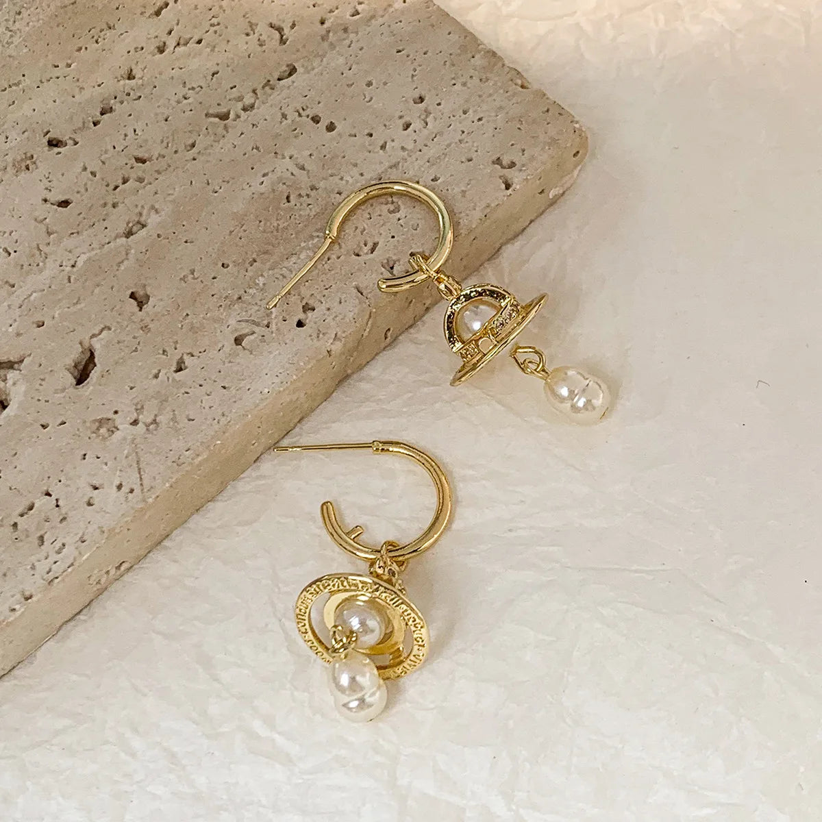 French Luxurious Personality Design Earrings Sweet Cool Style Women's Imitation Pearl Saturn Ear Jewelry High-End Feeling