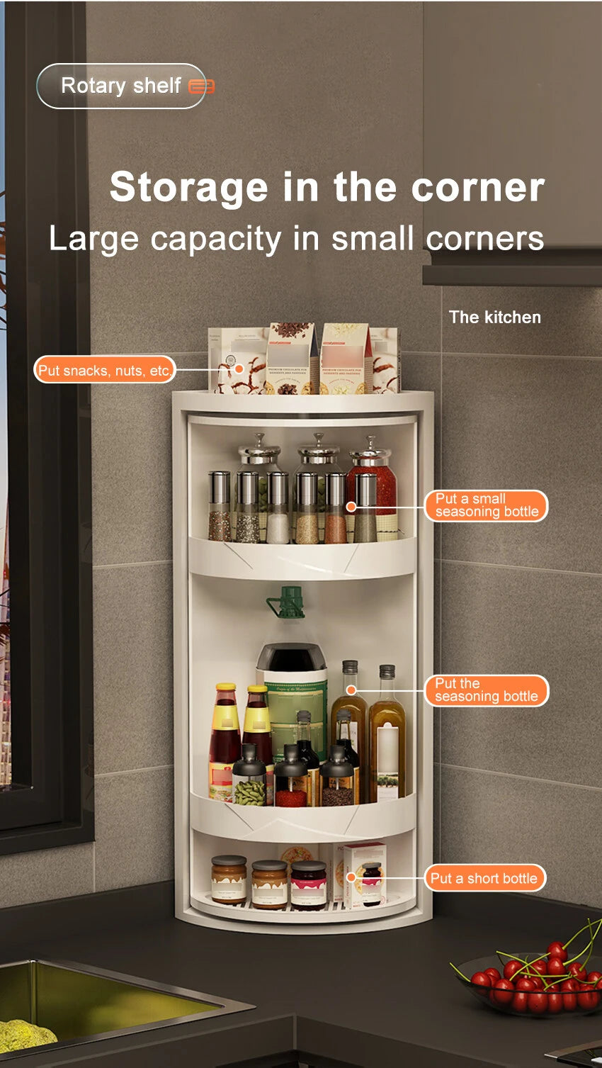 Kitchen Rotatable Layered Adjustable Shelf Bottle Holder Condiment Organizer Spice Jars, Can Rotating Storage Rack, Corner Shelf
