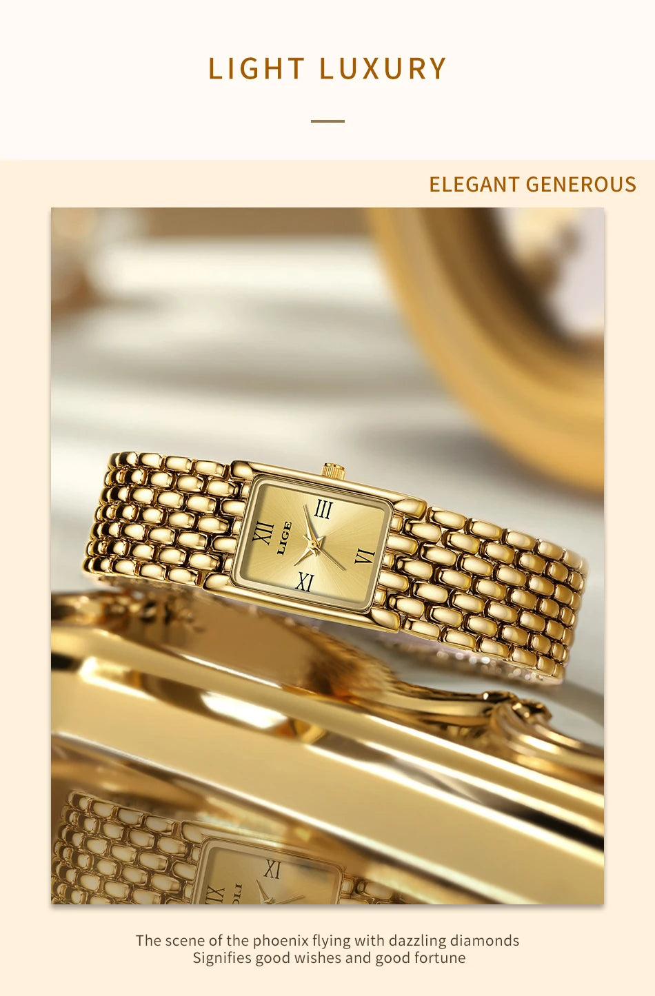 LIGE 2025 Fashion New Gold Women's Watch Luxury Quartz Watch Stainless Steel Bracelet Retro 30M Waterproof Watches Women reloj