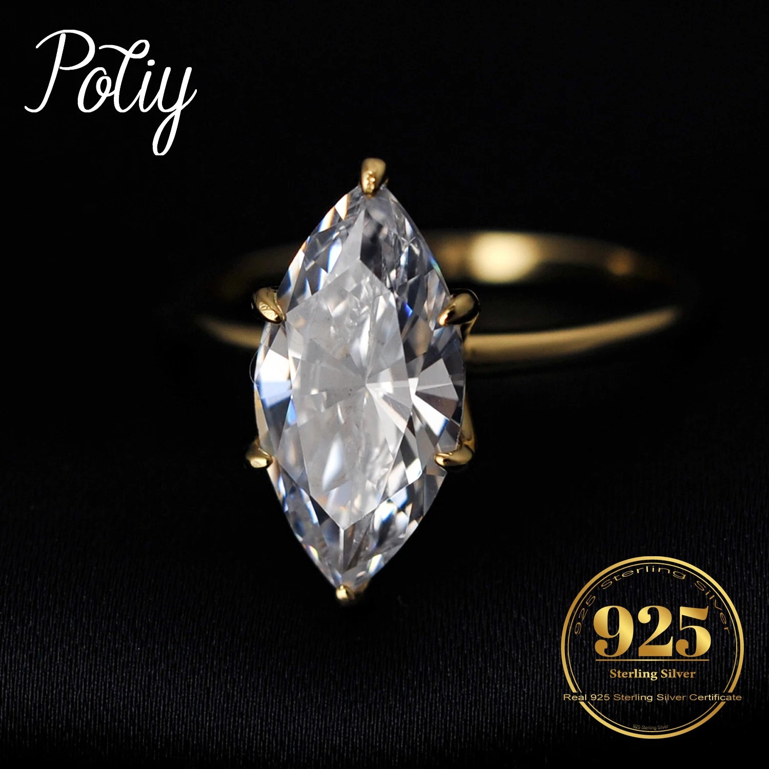 Potiy Vintage 9ct 5A Marquise Shape Cubic Zirconia Solitaire Engagement Ring For Women 925 Sterling Silver 14K Yellow Gold