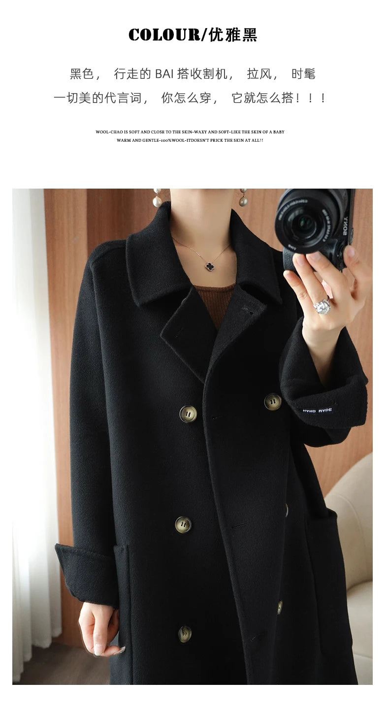 Ladies' 100% cashmere thick double-sided extended coat, classic, versatile and fashionable for business and leisure
