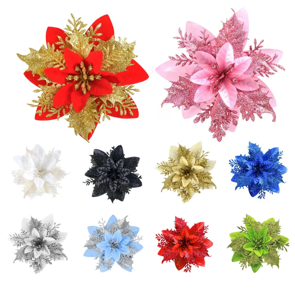 1~20Pcs Glitter Artifical Christmas Flowers Mreey Christmas Tree Decoration Happy New Year Ornaments Xmas Fake Flowers natal