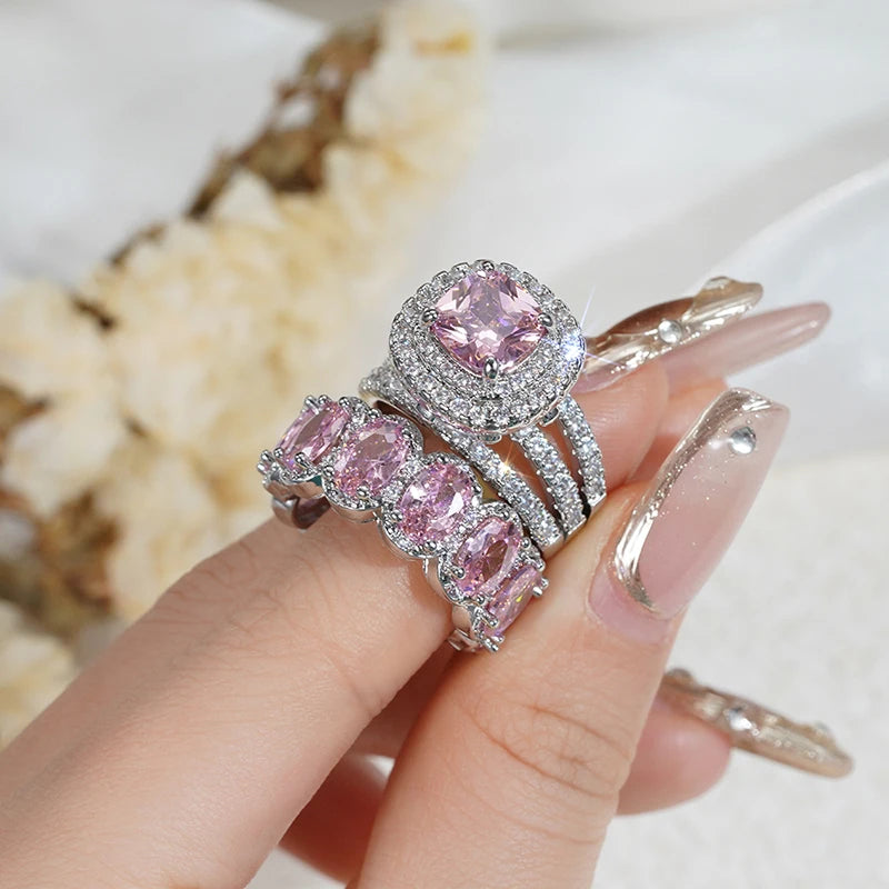 Huitan New Trendy Set Rings for Women Pink/White/Green/Black Cubic Zirconia Rings Gorgeous Wedding Accessories Eternity Jewelry