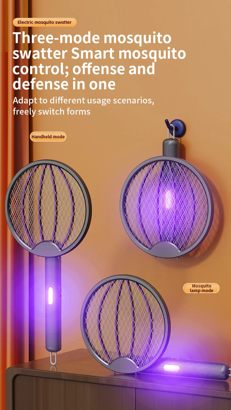3 in 1 Foldable USB Rechargeable 3000V Mosquito Fly Swatter UV Trap LED Dual Switch Safe Grid 0° Wall Stick Bug Zapper