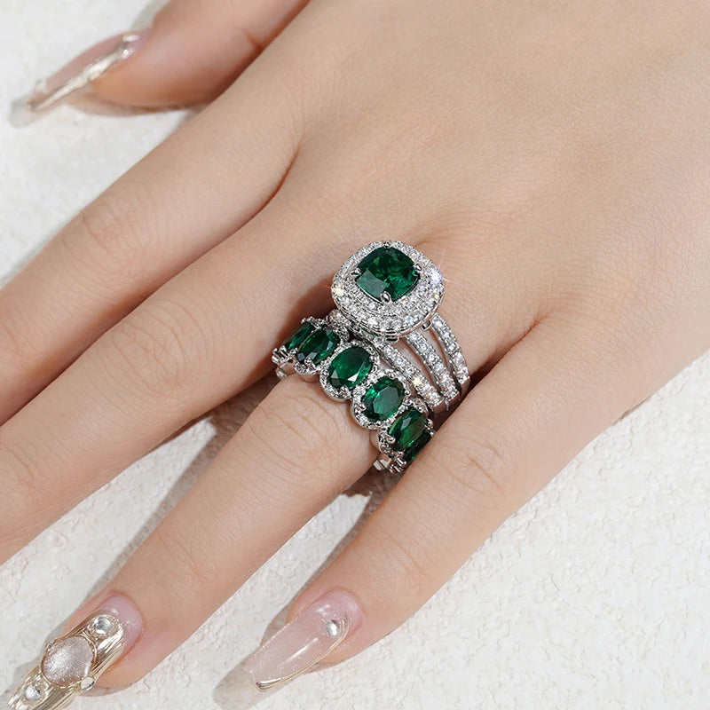 Huitan New Trendy Set Rings for Women Pink/White/Green/Black Cubic Zirconia Rings Gorgeous Wedding Accessories Eternity Jewelry
