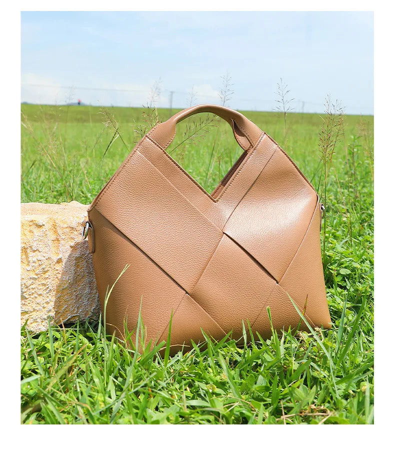 Genuine Leather Woven Tote Crossbody Bag