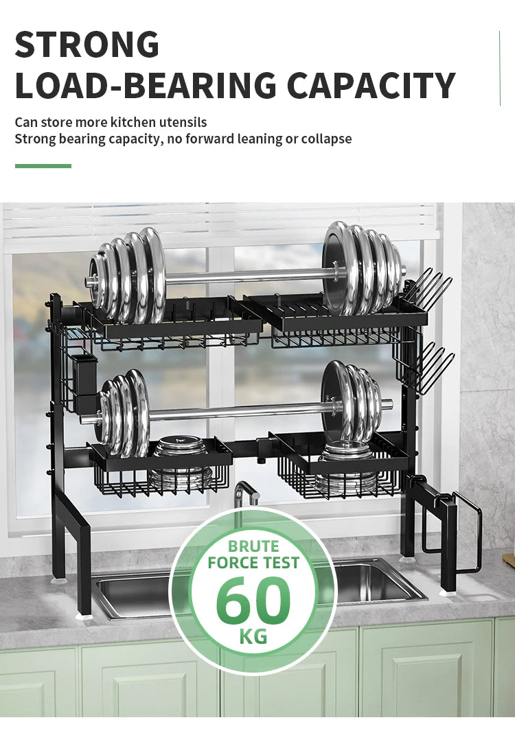 Large over the Sink Dish drying rack Kitchen tablewares storage shelf Adejustable Height and Length Rust Proof Black