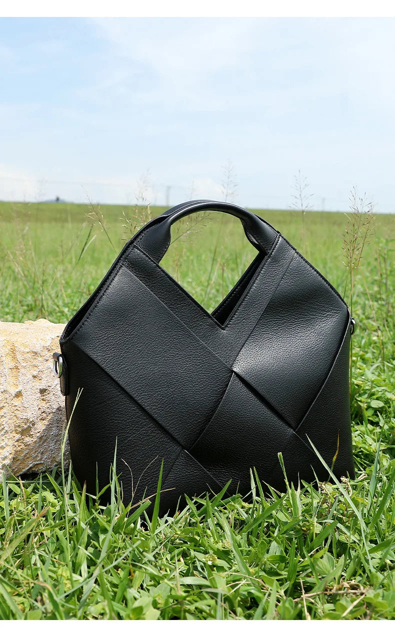 Genuine Leather Woven Tote Crossbody Bag