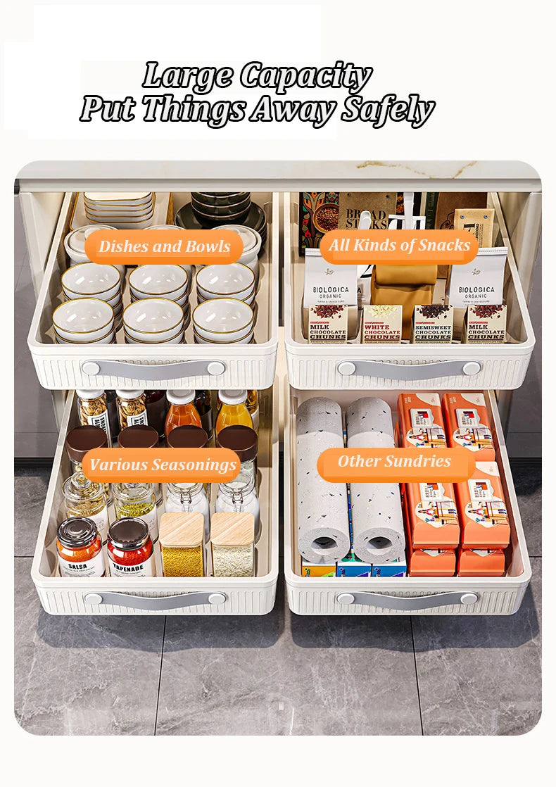 Kitchen Sliding Drawer with Slide Rail Cabinet Clothes Spice Dish Bowl Storage Rack Pull Out Cabinet Organizer Tray With Handle