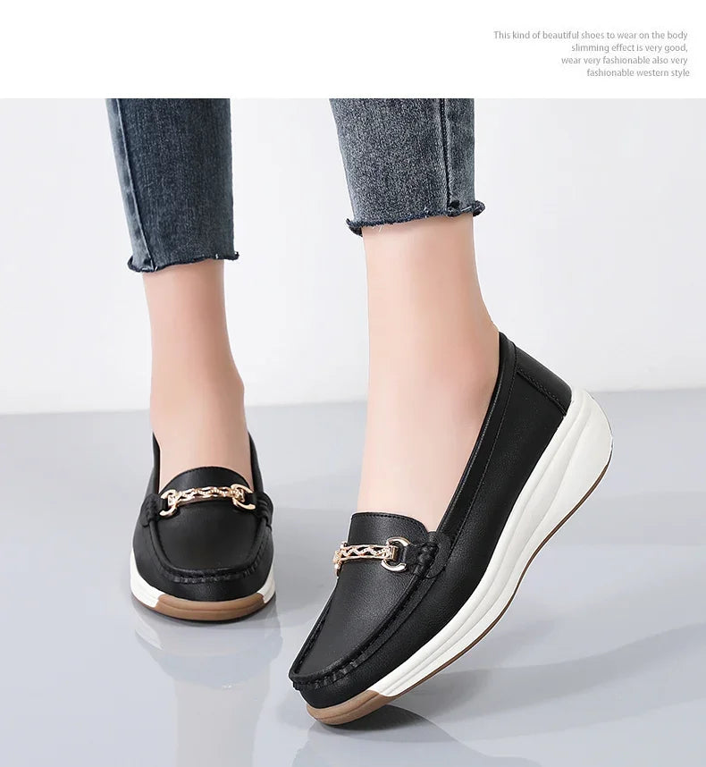 Women’s Leather Platform Loafers – Slip-On Casual Flats