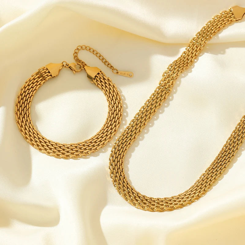 EILIECK 316L Stainless Steel Metal Gold Color Wide Watch Chains Neckalce Bracelet Set For Women Trendy Waterproof Jewelry Gift