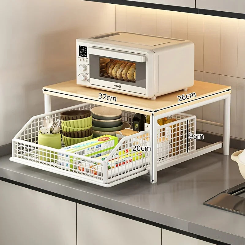 Modern kitchen microwave rack storage rack - sturdy solid wood and metal structure, space-saving countertop storage rack