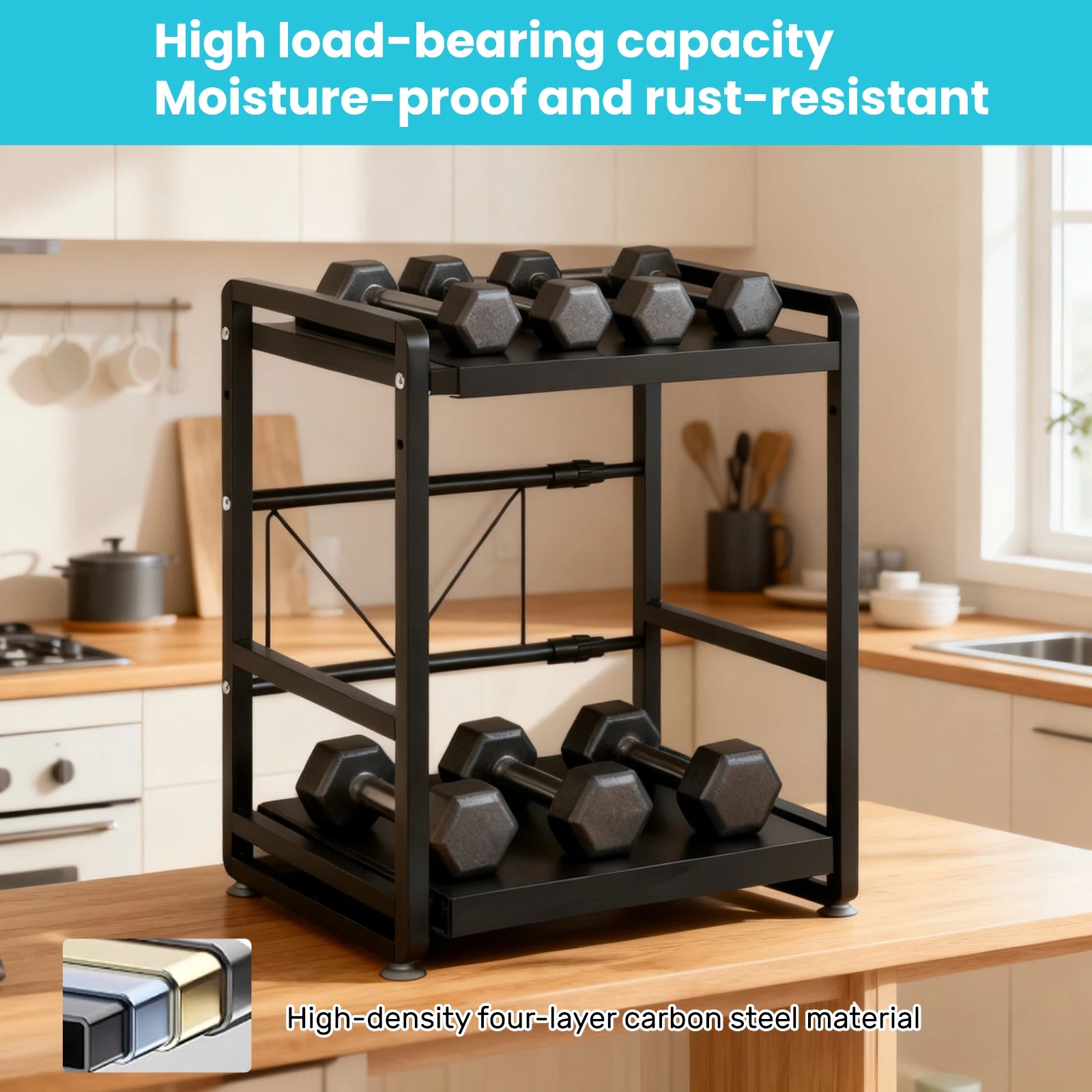 Iron Kitchen Shelf, Microwave Rack, Adjustable Height Extendable Shelf Includes Hooks & Reinforcement Suction Cups Easy Assembly