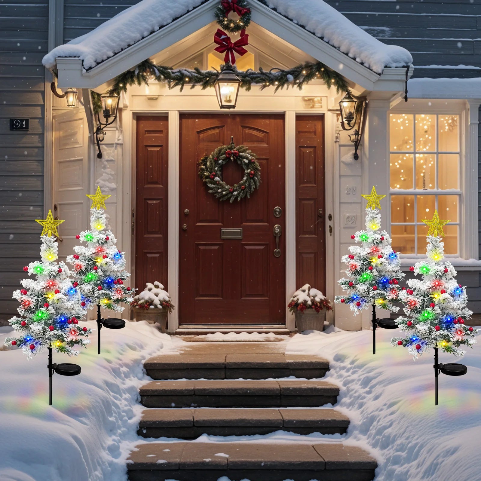 OurWarm 2 pcs Solar Christmas Tree Outdoor Christmas Decor, 29In Flocked Christmas Tree , Mini Small Christmas Tree with 40LED