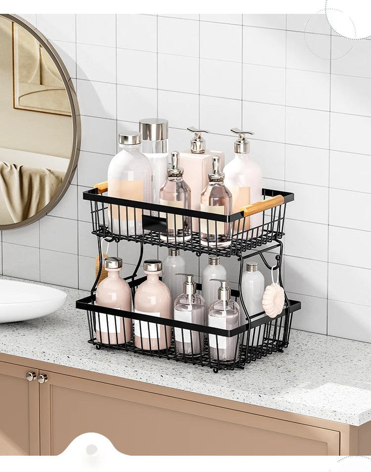 fruit basket vegetable basket,Metal storage basket with hook and wooden handle,Stackable and removable kitchen storage rack