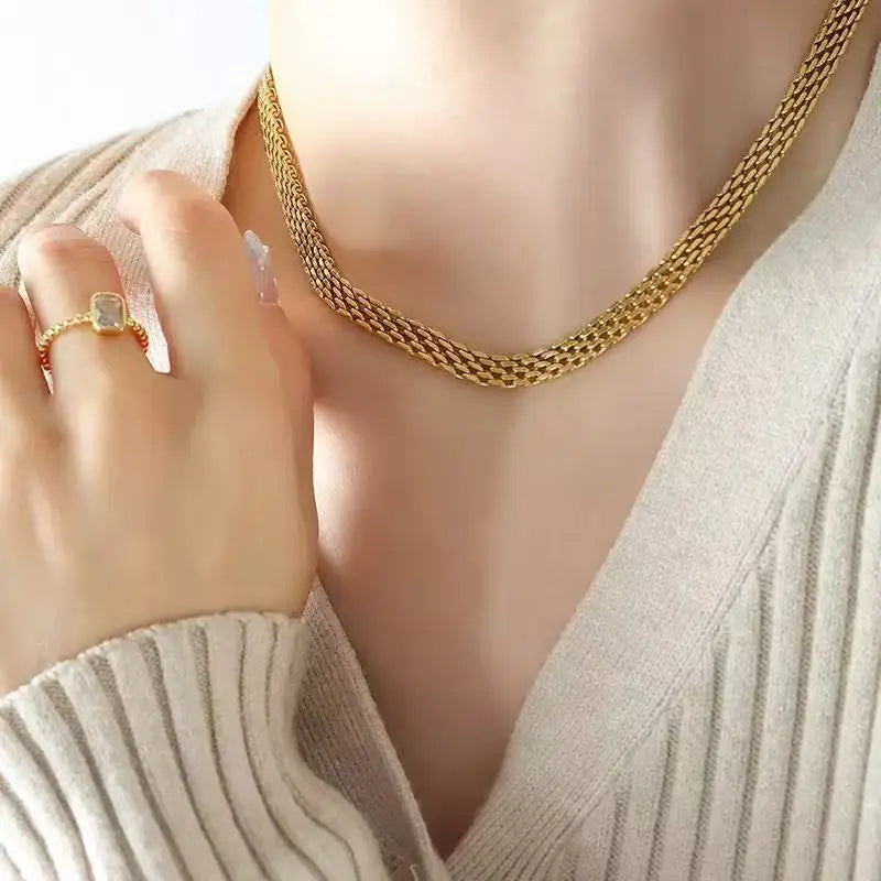 EILIECK 316L Stainless Steel Metal Gold Color Wide Watch Chains Neckalce Bracelet Set For Women Trendy Waterproof Jewelry Gift