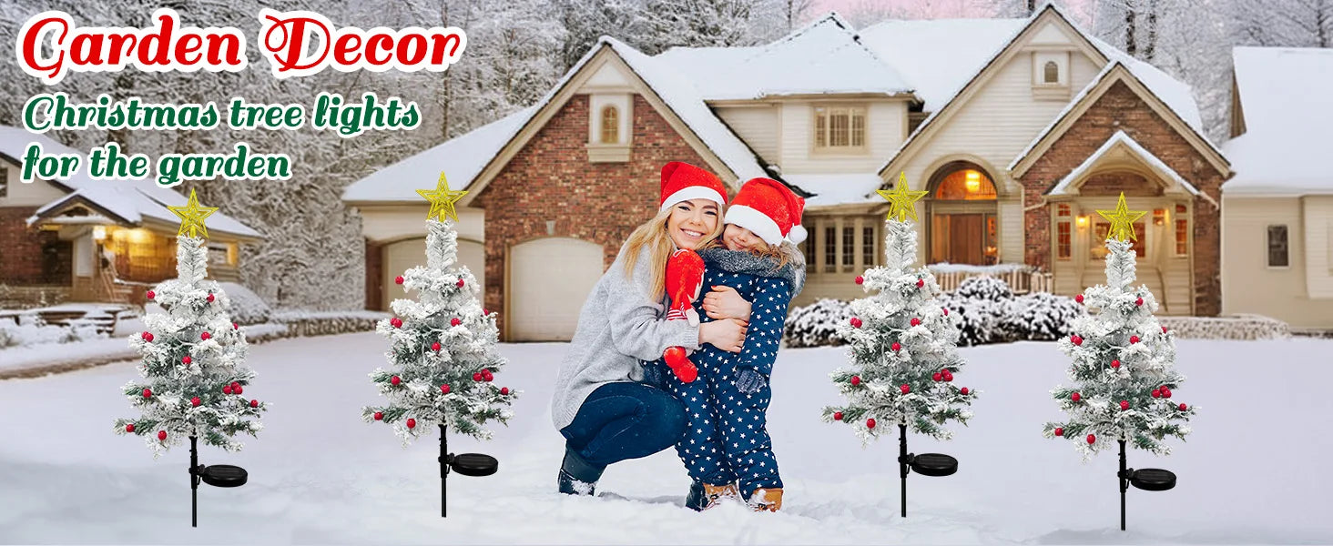 OurWarm 2 pcs Solar Christmas Tree Outdoor Christmas Decor, 29In Flocked Christmas Tree , Mini Small Christmas Tree with 40LED